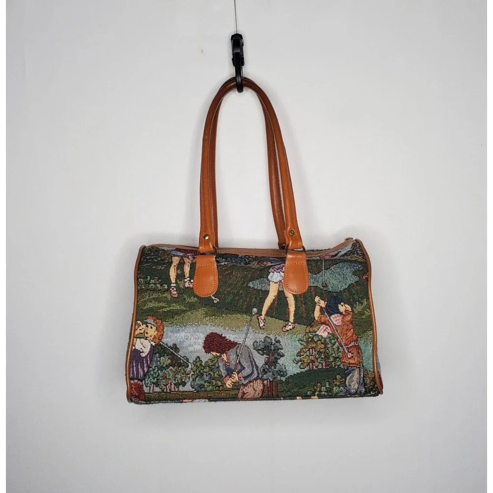 Tapestry Purse Handbag Golf Scene Sporty Vintage 2-Handle Zipper